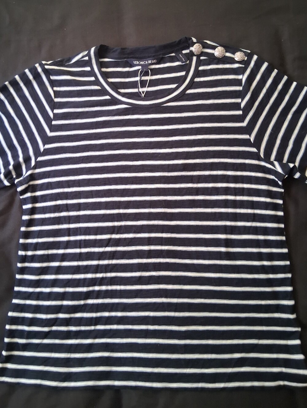 Veronica Beard Navy and White Striped Crewneck Tee with Shoulder Buttons